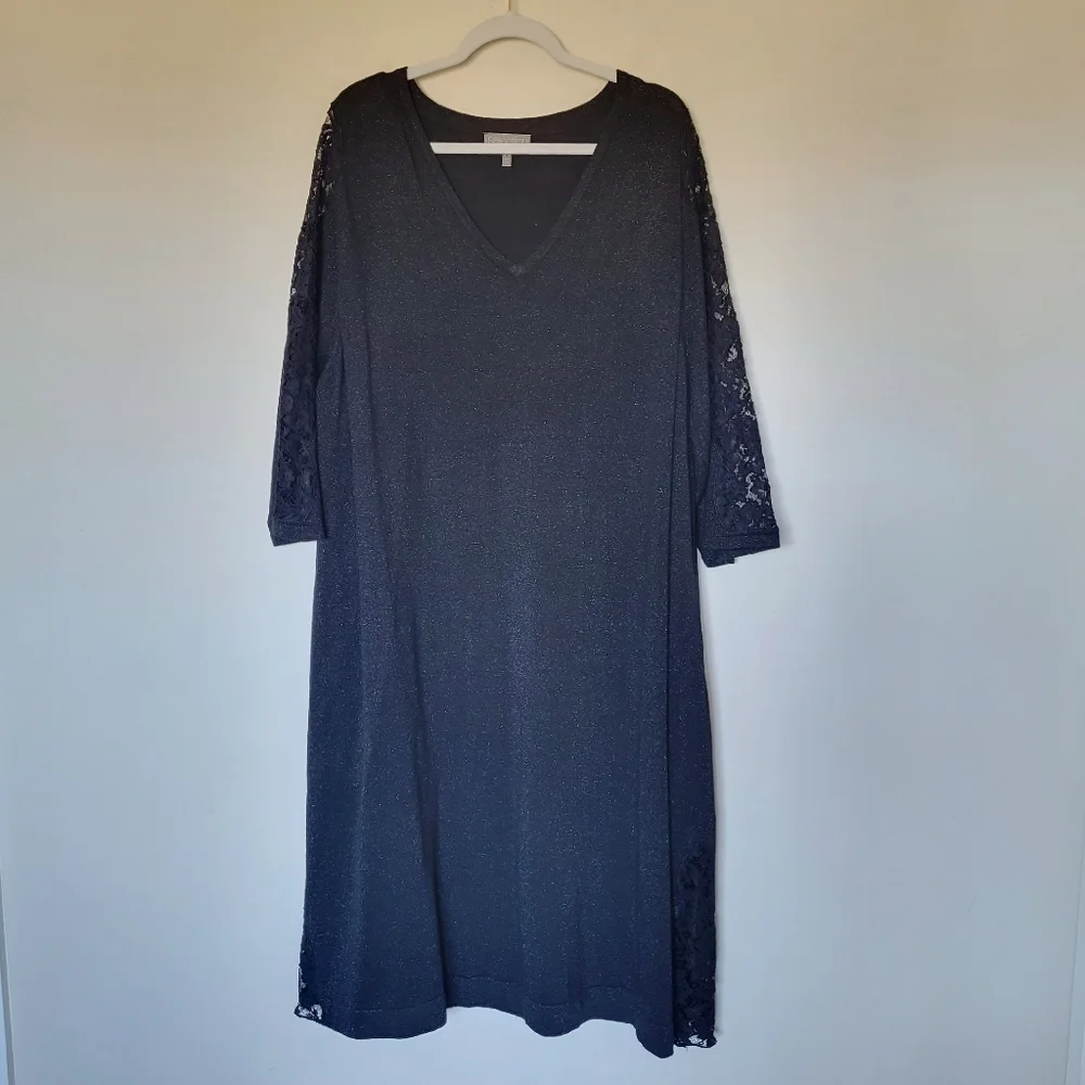 Ulla Popken Metallic Sparkle Empire Knit Lace Sleeve Dress - Picture 2 of 8